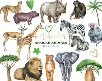 Watercolor African Animals Clipart, Savannah Animals, Wild Life, PNG, Nursery Decor, Wild Animals, Safari Animals, Lion, Elephant, Giraffe