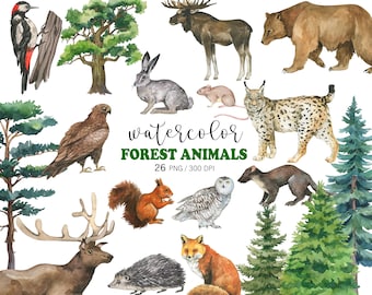 Watercolor Forest Animal Clipart, PNG, Hand Painted Woodland animals, Watercolor Trees, Deer,  Baby Shower Clipart, Printable Wall Art