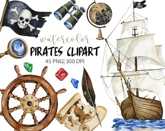 Watercolor Pirates Clipart, Pirate ship, Treasure Chest, Pirate Party, PNG, Adventure Clipart, Treasure Map, Birthday Decor, Kids room decor
