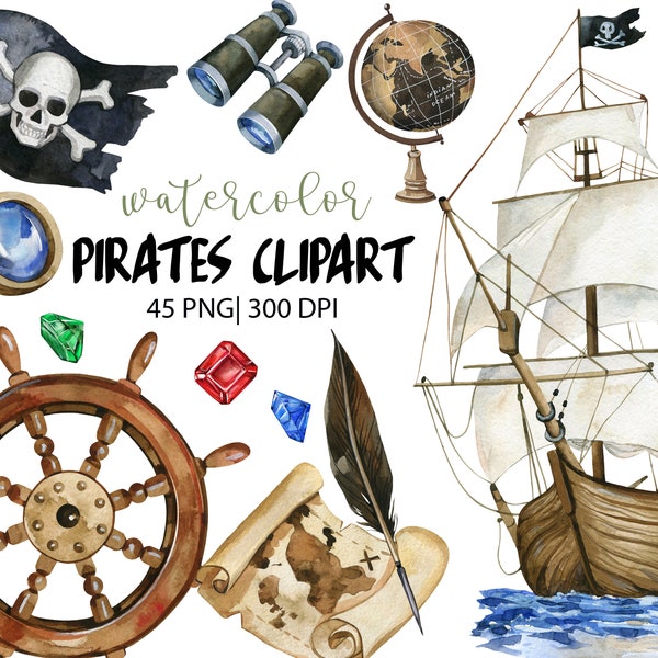 Watercolor Pirates Clipart, Pirate ship, Treasure Chest, Pirate Party, PNG, Adventure Clipart, Treasure Map, Birthday Decor, Kids room decor