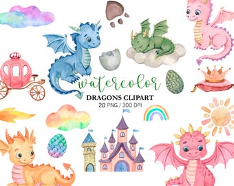 Watercolor Baby dragon Clipart PNG, Nursery Decor Fantasy Illustrations, Dragons Birthday Party, Fairytale Designs  Dragon Baby Shower