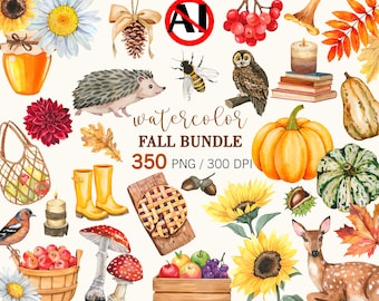Watercolor Fall Bundle 350 PNG, Hand Painted Cozy Autumn Clipart: Pumpkins, Sunflower, Mushroom,  Commercial Use