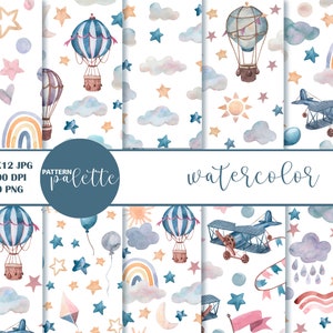 Hot Air Balloon Pattern, Watercolor seamless pattern, Nursery wallpaper, Watercolor Hot Air balloon digital paper, Printable fabric pattern