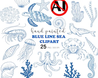 Paquete de imágenes prediseñadas de Blue Line Sea PNG con 25 animales marinos pintados a mano: tortuga, pulpo, cangrejo, medusa. Imágenes prediseñadas náuticas con diseño costero.