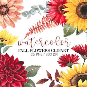 Watercolor Sunflowers Clipart, Eucalyptus clipart, Greenery clipart, Fall Flowers Clipart, Boho Clipart, PNG, Wedding Clipart, Chrysanthemum