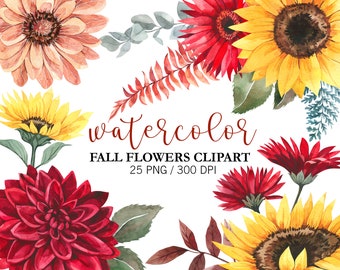 Watercolor Sunflowers Clipart, Boho Floral, Rustic PNG Autumn Leaves Blooms, Wedding Invite clipart DIY Crafts, Eucalyptus, Chrysanthemum