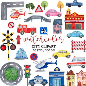 Puede incluir: Ilustración en acuarela de imágenes prediseñadas de la ciudad. Incluye un camión de bomberos rojo, un coche de policía azul, un coche amarillo, un coche rosa, un helicóptero azul, una estación de bomberos y señales de tráfico. También está presente el texto "watercolor CITY CLIPART".