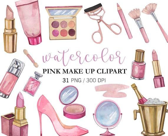 Watercolor Pink Make up Clipart, Cosmetics Clipart, Beauty Clipart, Fashion Clipart, Make up Cosmetics, Pink lipstick, PNG Beauty watercolor