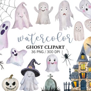 May include: Watercolor ghost clipart set featuring various ghost designs, a haunted house, a jack-o'-lantern, and a spider. The text "watercolor ghost clipart" is displayed. The image is in PNG format at 300 DPI.