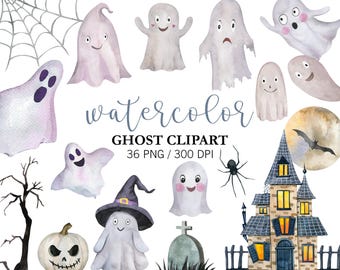 Watercolor Ghost Cipart PNG Bundle Halloween Hand Drawn Ghost Clipart, Spooky House Pumpkin, Little Boo Baby Shower Ghost Halloween Party