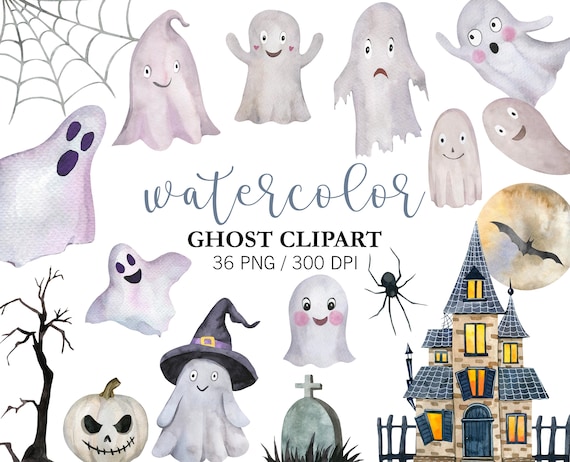 Watercolor Ghost Cipart PNG Bundle Halloween Hand Drawn Ghost Clipart, Spooky House Pumpkin, Little Boo Baby Shower Ghost Halloween Party
