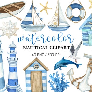 Clipart costiero ad acquerello, Clipart spiaggia, PNG, Clipart viaggio, Clipart nautico, Clipart oceano, Faro, Clipart marino, Clipart estate