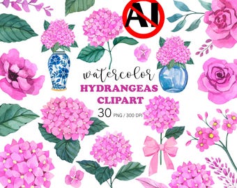 Paquete de imágenes prediseñadas PNG de hortensias rosas en acuarela / Flores de hortensias rosas, arreglos florales, rosas y elementos botánicos para bodas