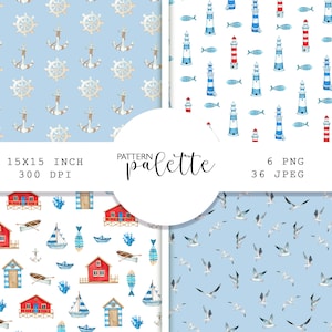 Watercolor Nautical Seamless Patterns: Marine Digital Paper (Digital Download)