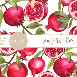 May include: Watercolor seamless pattern featuring red pomegranates with green leaves on a white background. The pattern is labeled "PATTERN palette watercolor".