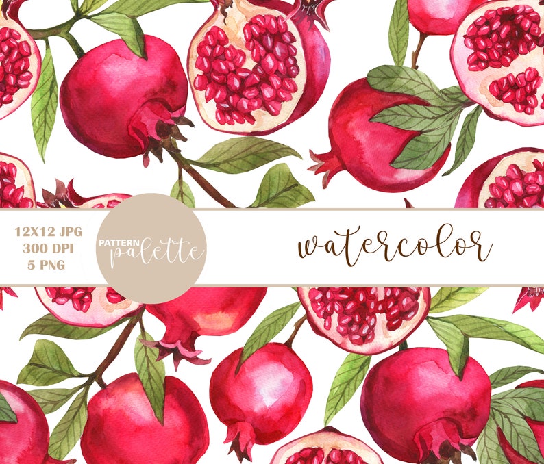 May include: Watercolor seamless pattern featuring red pomegranates with green leaves on a white background. The pattern is labeled "PATTERN palette watercolor".