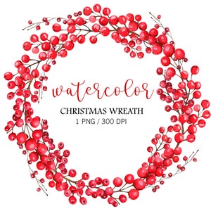 Watercolor Christmas wreath, Red Berries wreath, Christmas Decor, PNG, Winter clipart, Christmas Card, Fall Wreath, Red red viburnum, Xmas