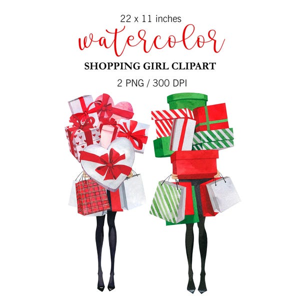 Watercolor Fashion Clipart, Shopping girl, Love png, Christmas gifts, Fashion girl png, Valentines Day clipart, Fashion Planner Stickers