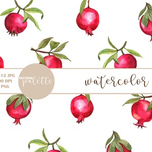 May include: Watercolor seamless pattern featuring red pomegranates with green leaves on a white background. The pattern is labeled "pattern palette watercolor".