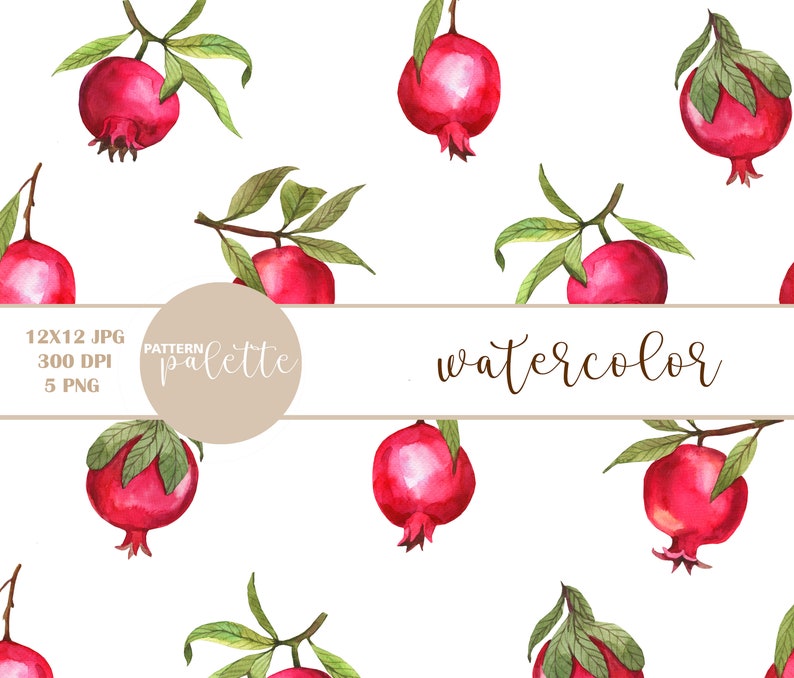 May include: Watercolor seamless pattern featuring red pomegranates with green leaves on a white background. The pattern is labeled "pattern palette watercolor".