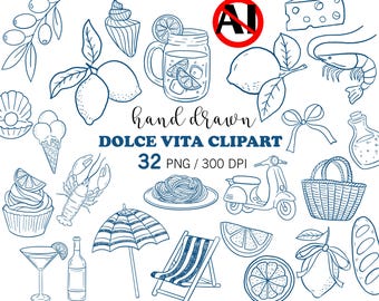 La Dolce Vita Italian Summer Clipart línea azul PNG, limones pintados a mano, conjunto de gráficos de cítricos de Amalfi, gráficos de boda mediterránea