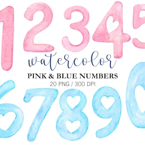 Números aquarela rosa e azul PNG, números separados aquarela rosa e azul, números PNG, números pintados à mão, chá de bebê meninos meninas