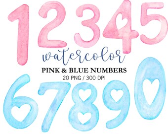May include: Watercolor numbers in pink and blue with a heart in each number. The numbers are 1, 2, 3, 4, 5, 6, 7, 8, 9, and 0. The text "watercolor" and "pink & blue numbers" is below the numbers. The text "20 PNG / 300 DPI" is below the text "pink & blue numbers".