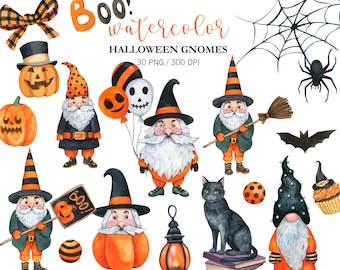 Watercolor Halloween Gnomes Clipart: Halloween Pumpkins, Cat, Balloons, Halloween Decor  PNG Digital Download