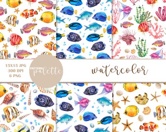 Aquarel koraalvis naadloze patronen, digitaal papier Ocean Underwater Life, Ocean Coral Fish-patroon voor stof, Sea Reef Life, png, jpeg