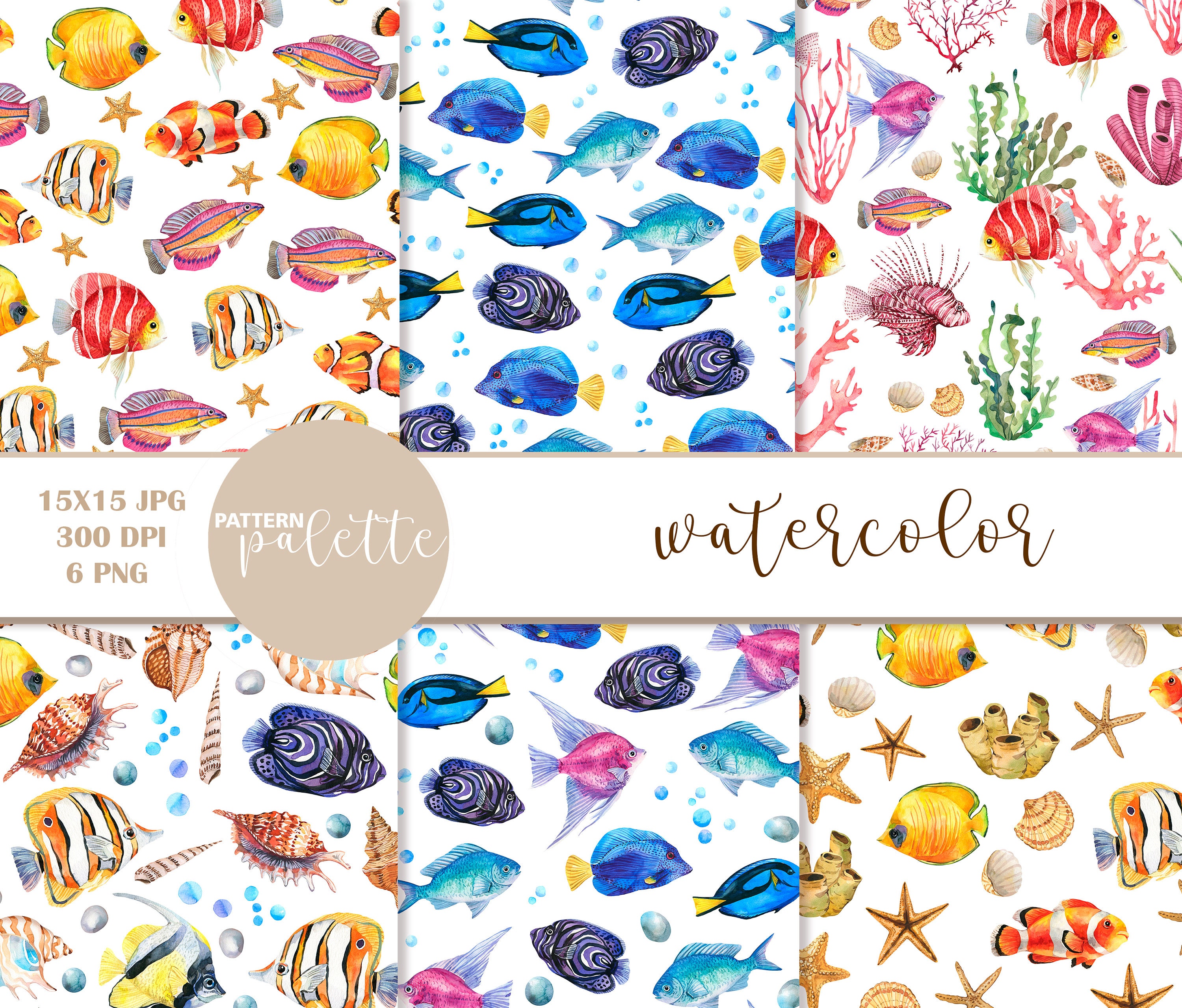 Watercolor Coral Fish Seamless Patterns, Digital Papers Ocean ...