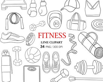Imágenes prediseñadas PNG de línea negra para fitness, pegatinas de fitness, fondo transparente, descarga digital de equipo de gimnasio pintado a mano