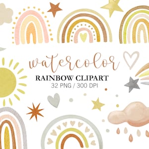 Aquarelle beige arc-en-ciel des cliparts, art mural chambre d'enfant, clipart baby shower, clipart arc-en-ciel Boho, art mural bébé arcs-en-ciel pastel, nuages, PNG