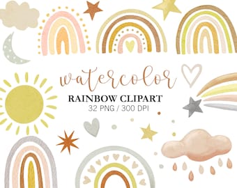 Aquarell Beige Regenbogen Clipart, Kinderzimmer Wandkunst, Baby-Dusche Clipart, Boho Regenbogen Clipart, Baby Pastell Regenbogen Wandkunst, Wolken, PNG