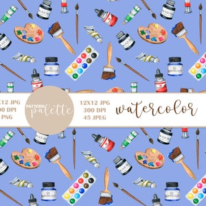 May include: Watercolor seamless pattern featuring paintbrushes, paint tubes, watercolor palettes, and bottles of paint on a light blue background. The pattern is titled "watercolor palette".