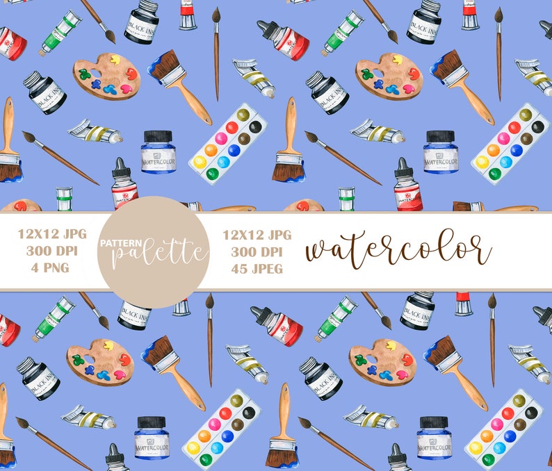 May include: Watercolor seamless pattern featuring paintbrushes, paint tubes, watercolor palettes, and bottles of paint on a light blue background. The pattern is titled "watercolor palette".