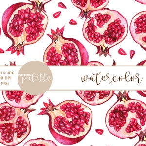 May include: Watercolor seamless pattern with red pomegranates on a white background. The pattern is perfect for fabric, wallpaper, or wrapping paper.