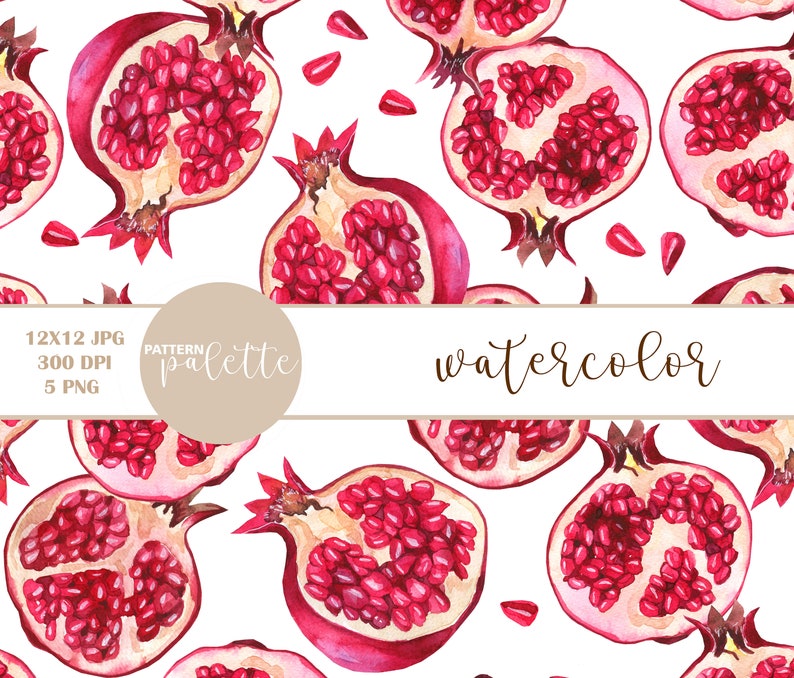May include: Watercolor seamless pattern with red pomegranates on a white background. The pattern is perfect for fabric, wallpaper, or wrapping paper.