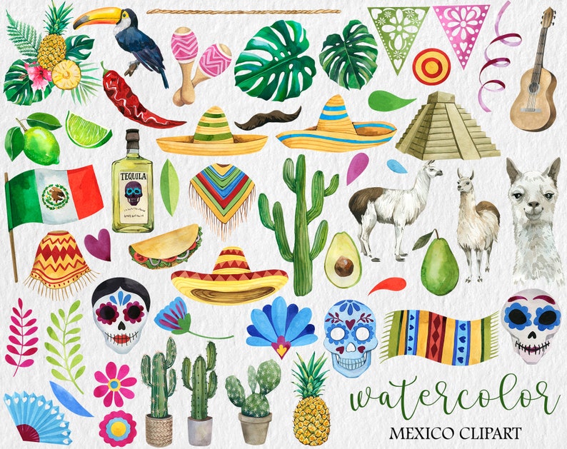 Watercolor Mexican Party Clipart, Mexico Clipart, Travel Clipart, PNG, Cinco De Mayo Clipart Party, image 3