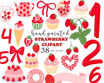 Imágenes prediseñadas de fresas pintadas a mano en formato PNG, postre de fresa con lazo rosa estilo cottagecore, lindas invitaciones para baby shower con estética de fresa coqueta