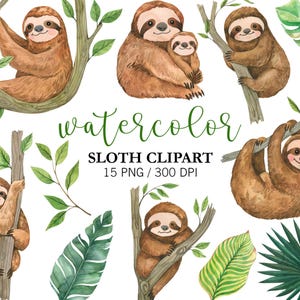 Watercolor Sloth Clipart: Tropical Leaves, Nursery Decor Digital Download