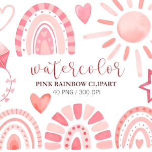 Clipart de arcoíris rosa en acuarela, decoración de guardería, clipart de baby shower, clipart de arcoíris boho, arcoíris pastel para bebé, arte de pared de arcoíris, nubes, PNG