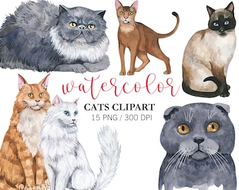 Watercolor Cat Clipart, Animal Clipart, Cats Portrait, Nursery Decor, PNG, Hand-painted watercolor cats, Cat Lovers Clipart, Baby Wall Art
