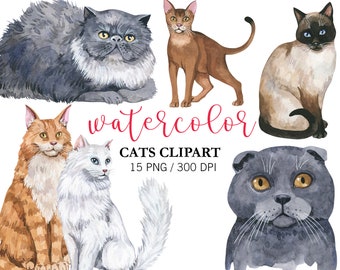 Watercolor Cat Clipart: Hand-Painted Cats Portrait PNG Digital Download