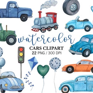 Clipart di auto ad acquerello PNG, auto ad acquerello blu, biglietti per baby shower, auto retrò blu, palloncini per decorazioni per cameretta con trattore verde, treno