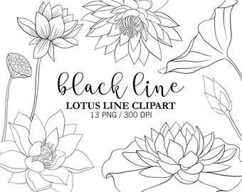 Black Lotus Line Art Clipart: Floral PNG Graphics Digital Download Yoga Clipart, Flowers