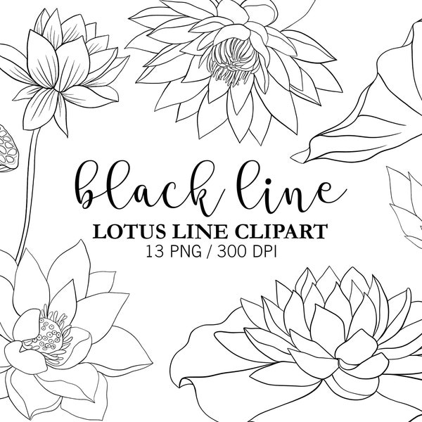 Black Lotus Line Clipart, Line ART, Water Lilies, Lotus flower, Lotus Plants, Floral Digital Download, PNG, Yoga graphics, Doodle Clipart