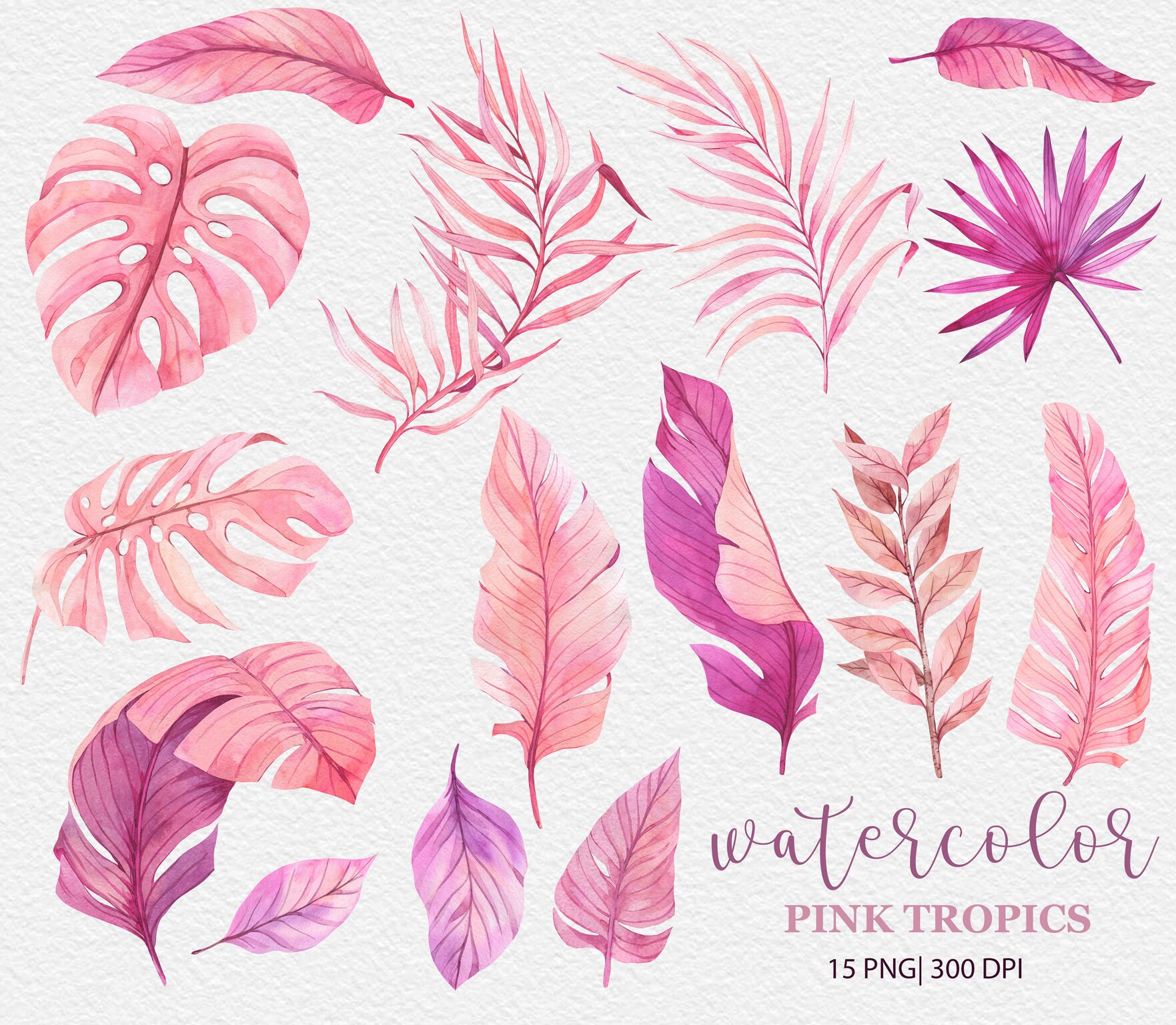 Watercolor Pink Tropical Leaves Clipart Watercolor Tropical | Etsy