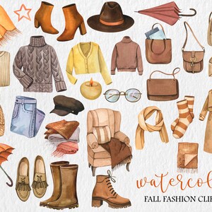 Puede incluir: Conjunto de clipart de acuarela con art&iacute;culos de moda de oto&ntilde;o, que incluyen su&eacute;teres, sombreros, bufandas, botas, jeans, un abrigo y bolsos. El conjunto es perfecto para crear dise&ntilde;os digitales, invitaciones y otros proyectos.
