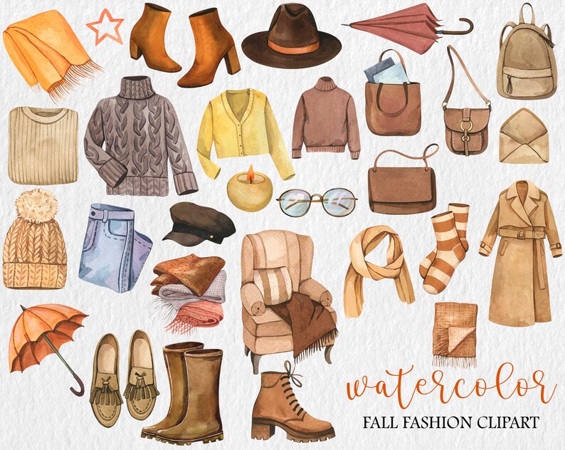 Puede incluir: Conjunto de clipart de acuarela con art&iacute;culos de moda de oto&ntilde;o, que incluyen su&eacute;teres, sombreros, bufandas, botas, jeans, un abrigo y bolsos. El conjunto es perfecto para crear dise&ntilde;os digitales, invitaciones y otros proyectos.