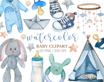 Watercolor Baby Boy Clipart, Baby Shower Clipart, Nursery Decor, 1st Birthday Clipart, Boy Clipart, PNG, Baby Toys, Clothes, Baby newborn